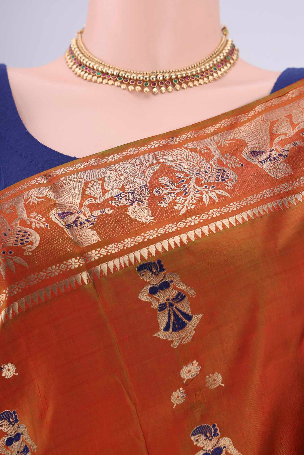 Border image of Rust Dual Tone Baluchari Silk Saree with Zari And Thread Butta on the body and Zari And Thread Border. 