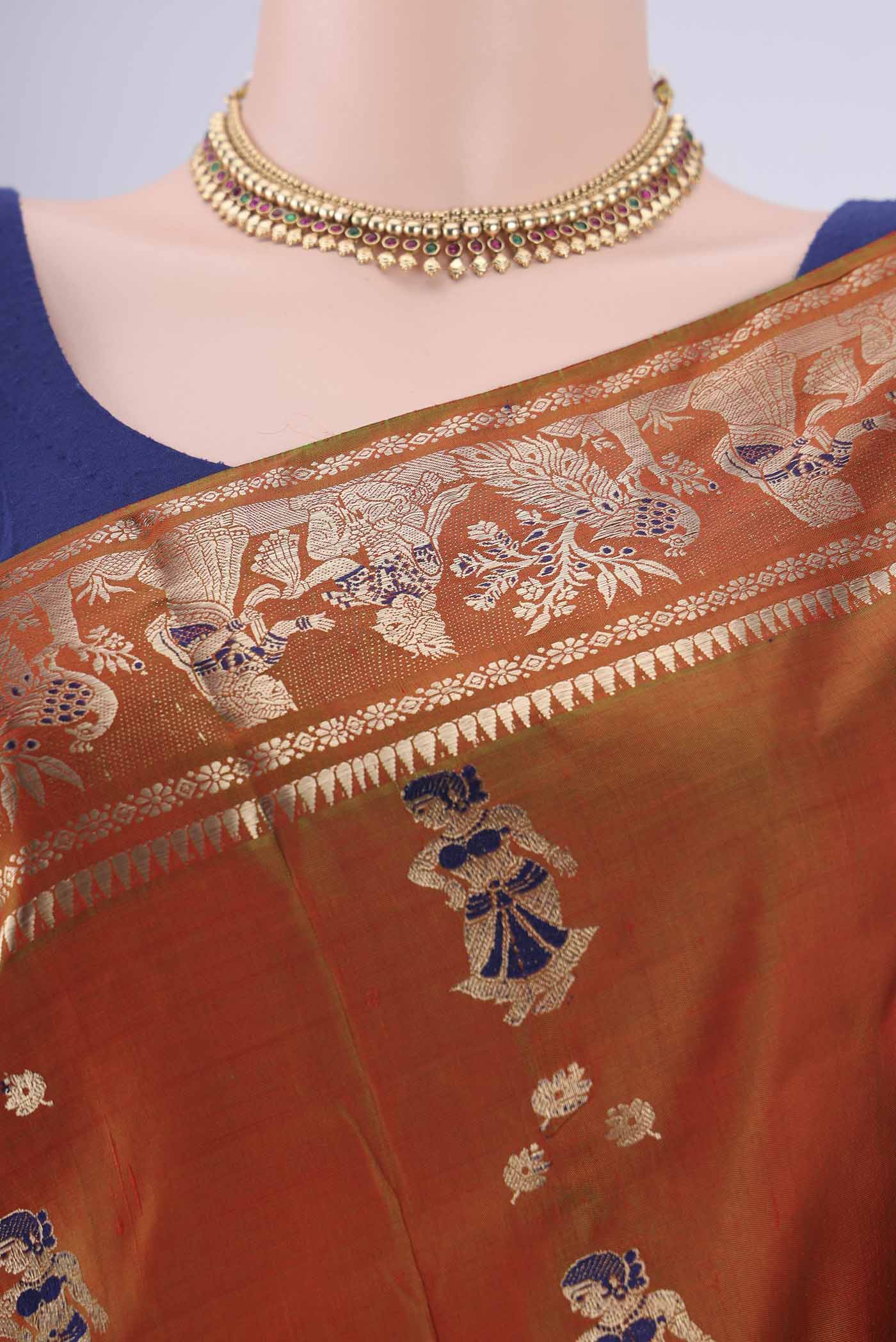 Border image of Rust Dual Tone Baluchari Silk Saree with Zari And Thread Butta on the body and Zari And Thread Border. 