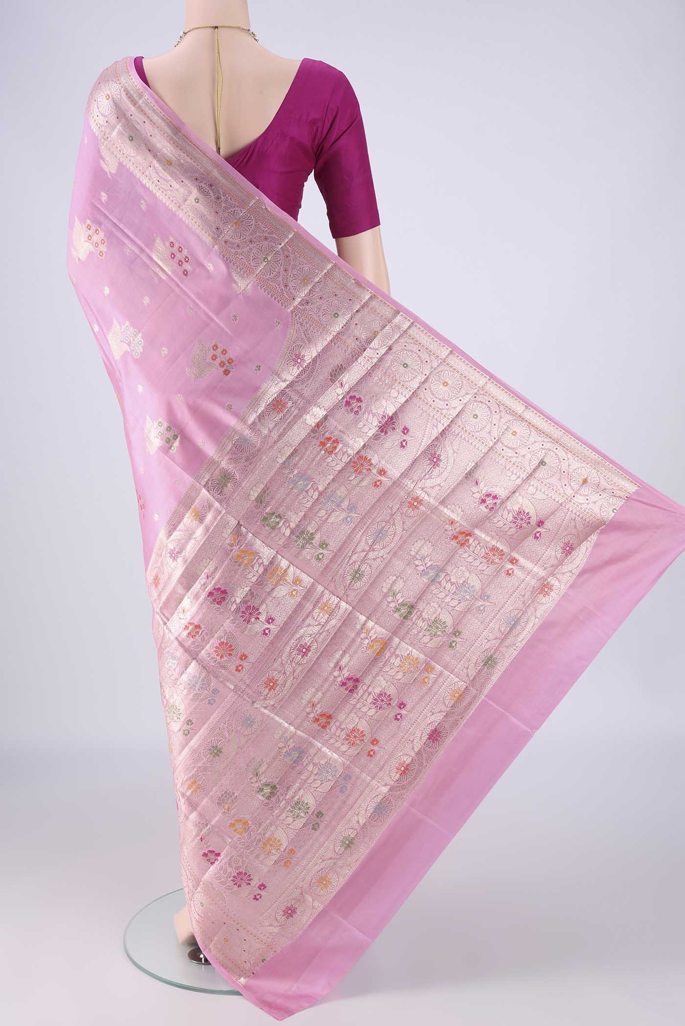 Flat view of Rose pink Banarasi Raw Silk Saree with Zari And Thread Butta on the body and Zari And Thread Border. 