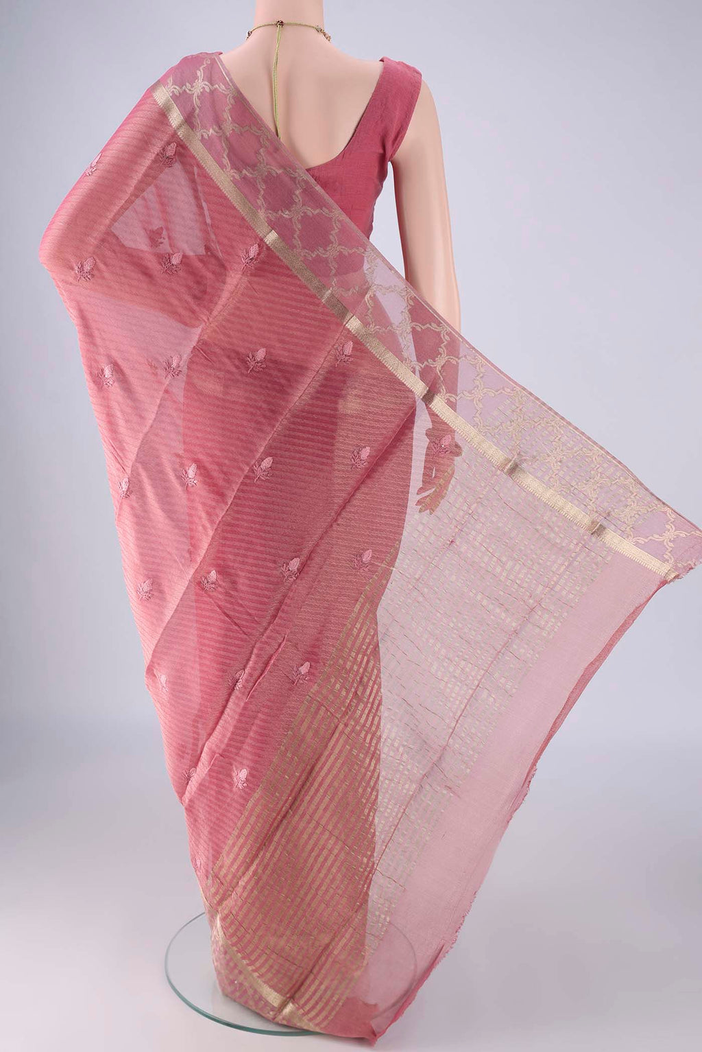 Flat view of Pink Mysore Georgette Saree with Embroidery on the body and Zari Border. 