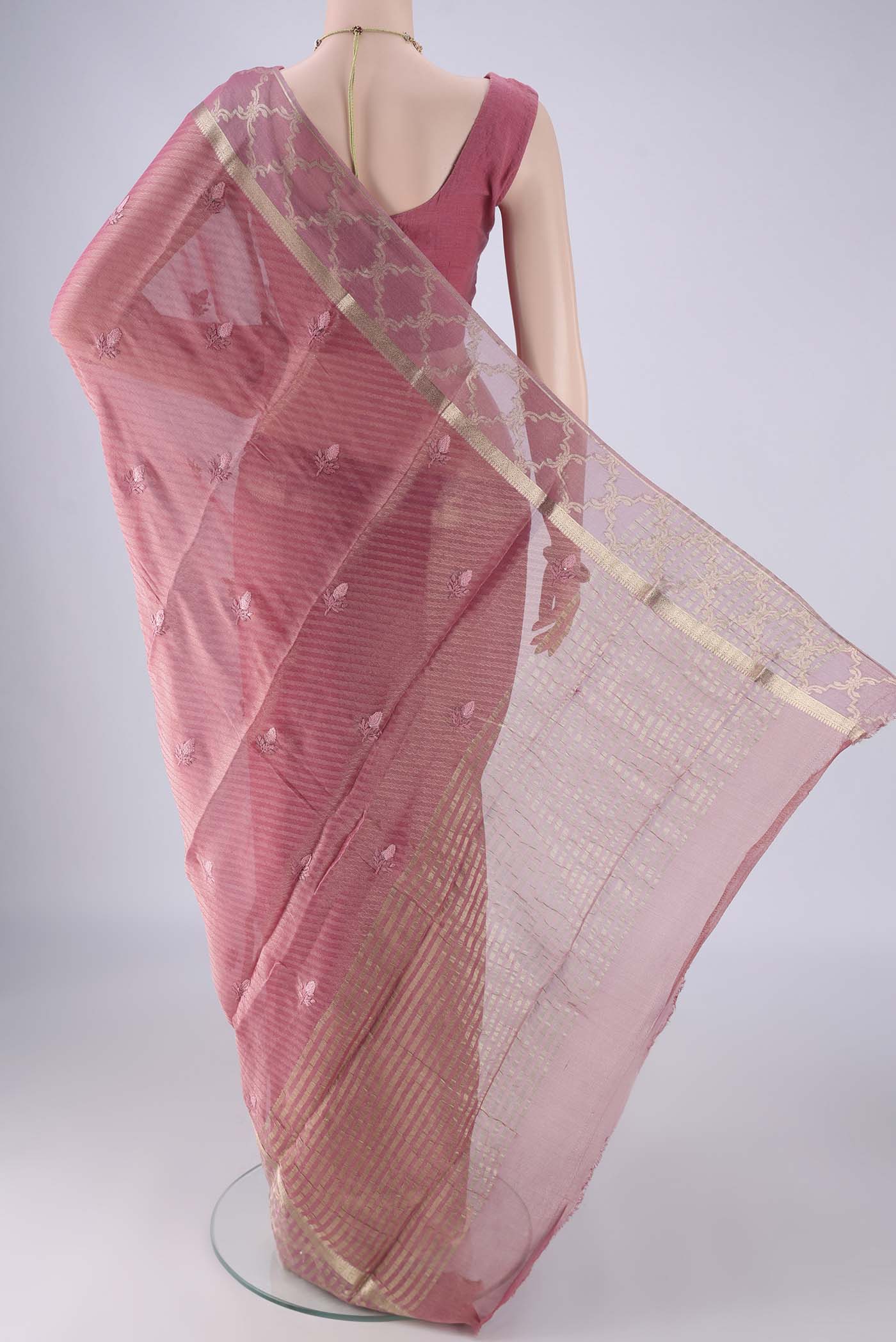 Flat view of Pink Mysore Georgette Saree with Embroidery on the body and Zari Border. 