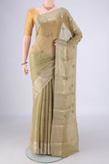 Beige Mysore Georgette Saree with Embroidery on the body and Zari Border.  displayed on a mannequin