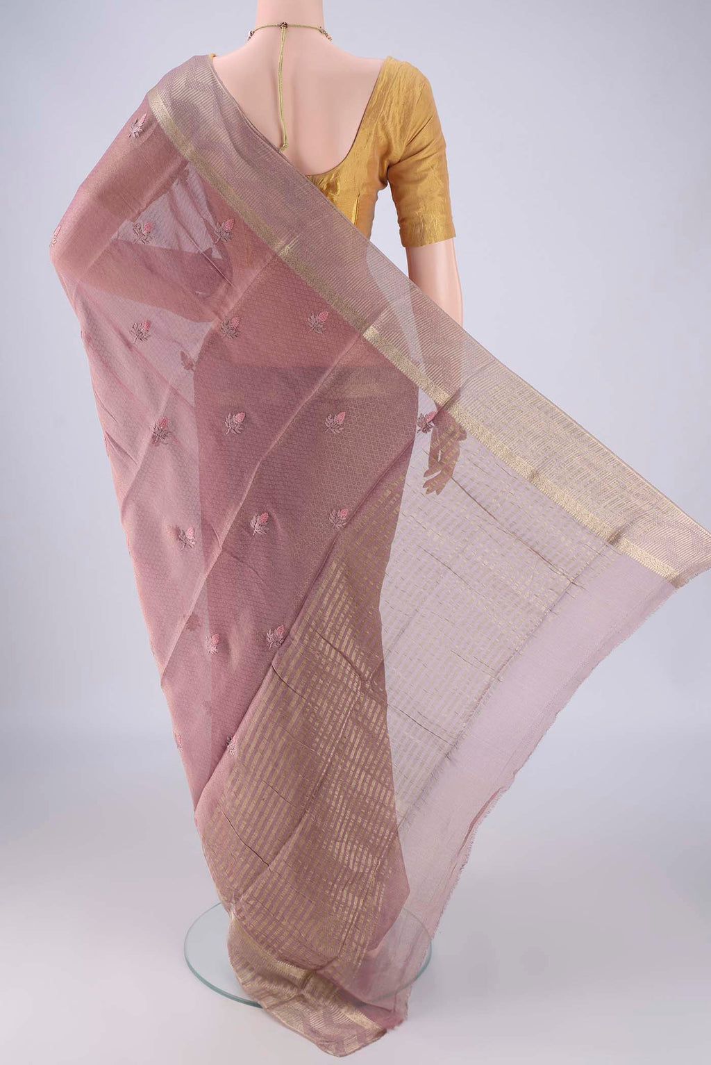Flat view of Mauve Mysore Georgette Saree with Embroidery on the body and Zari Border. 