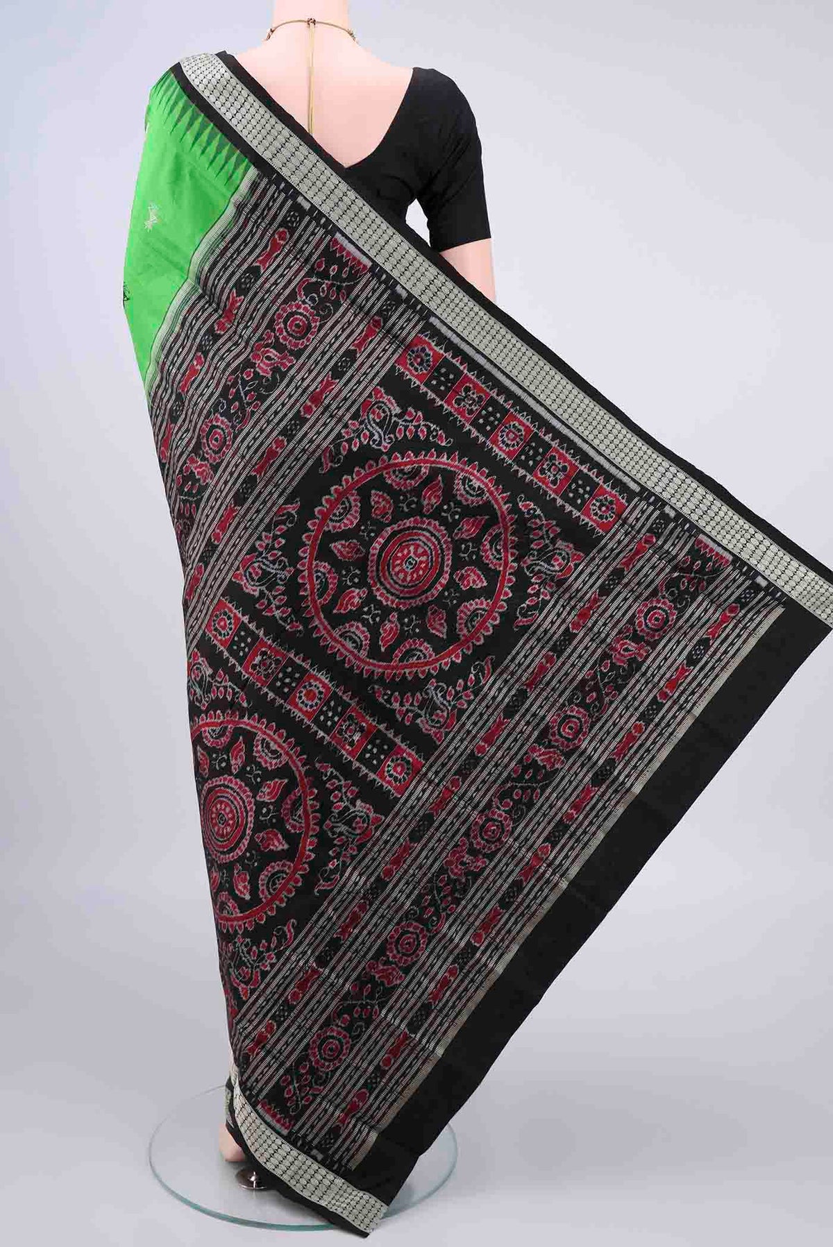 Flat view of Pure Silk Green Orissa Saree with Thread Butta on the body and Thread Border. 