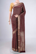 Coffee Brown Mysore Crepe Saree with Zari Brocade on the body and Zari Border.  displayed on a mannequin
