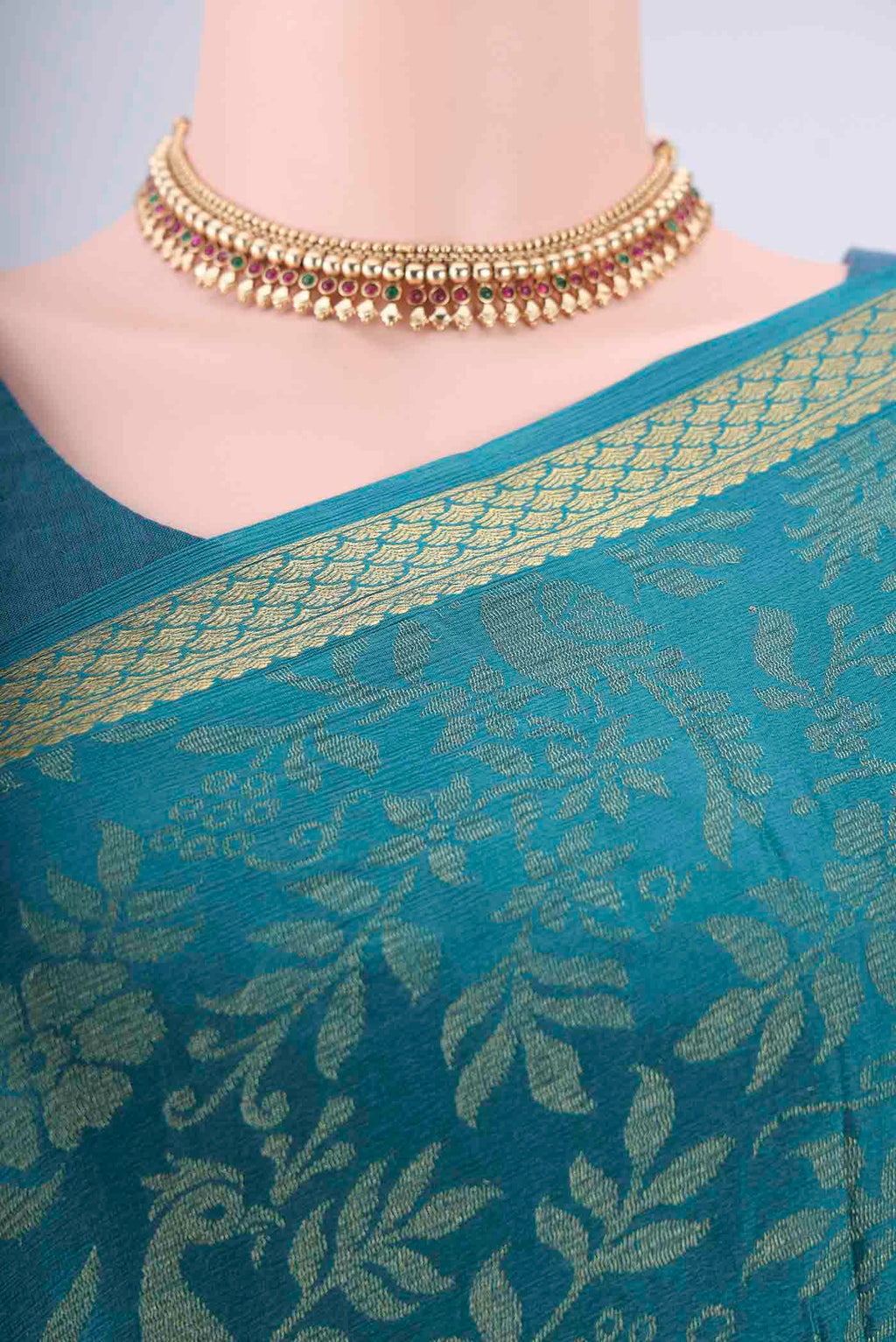 Border image of Teal Mysore Georgette Saree with Zari Brocade on the body and Zari Border. 