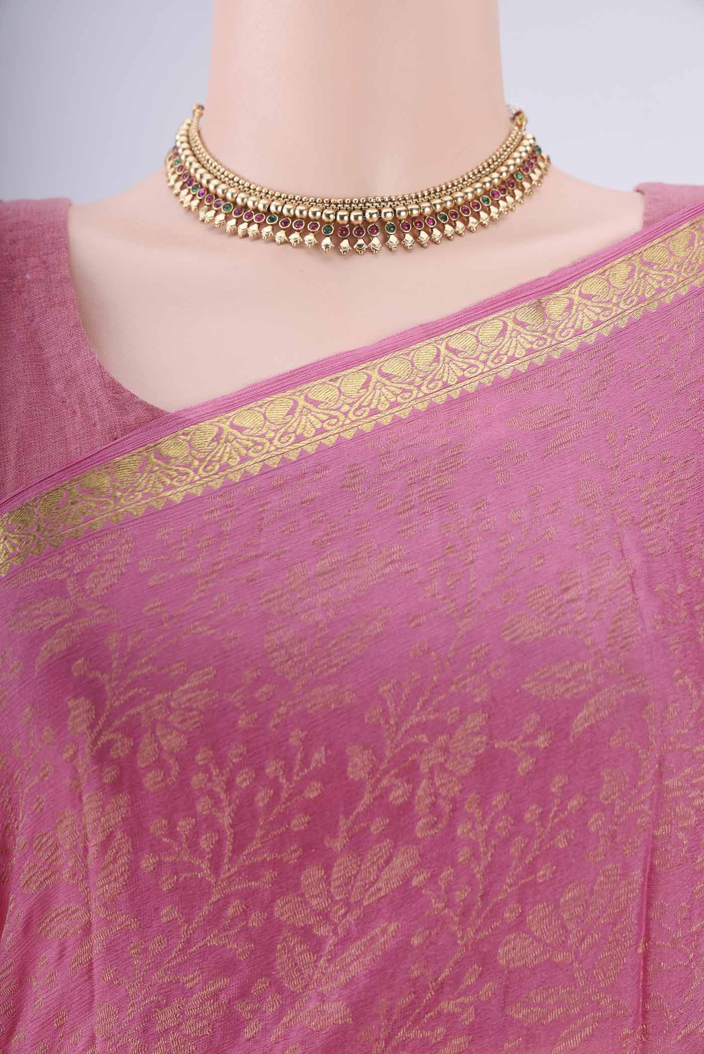 Border image of Rose pink Mysore Georgette Saree with Zari Brocade on the body and Zari Border. 