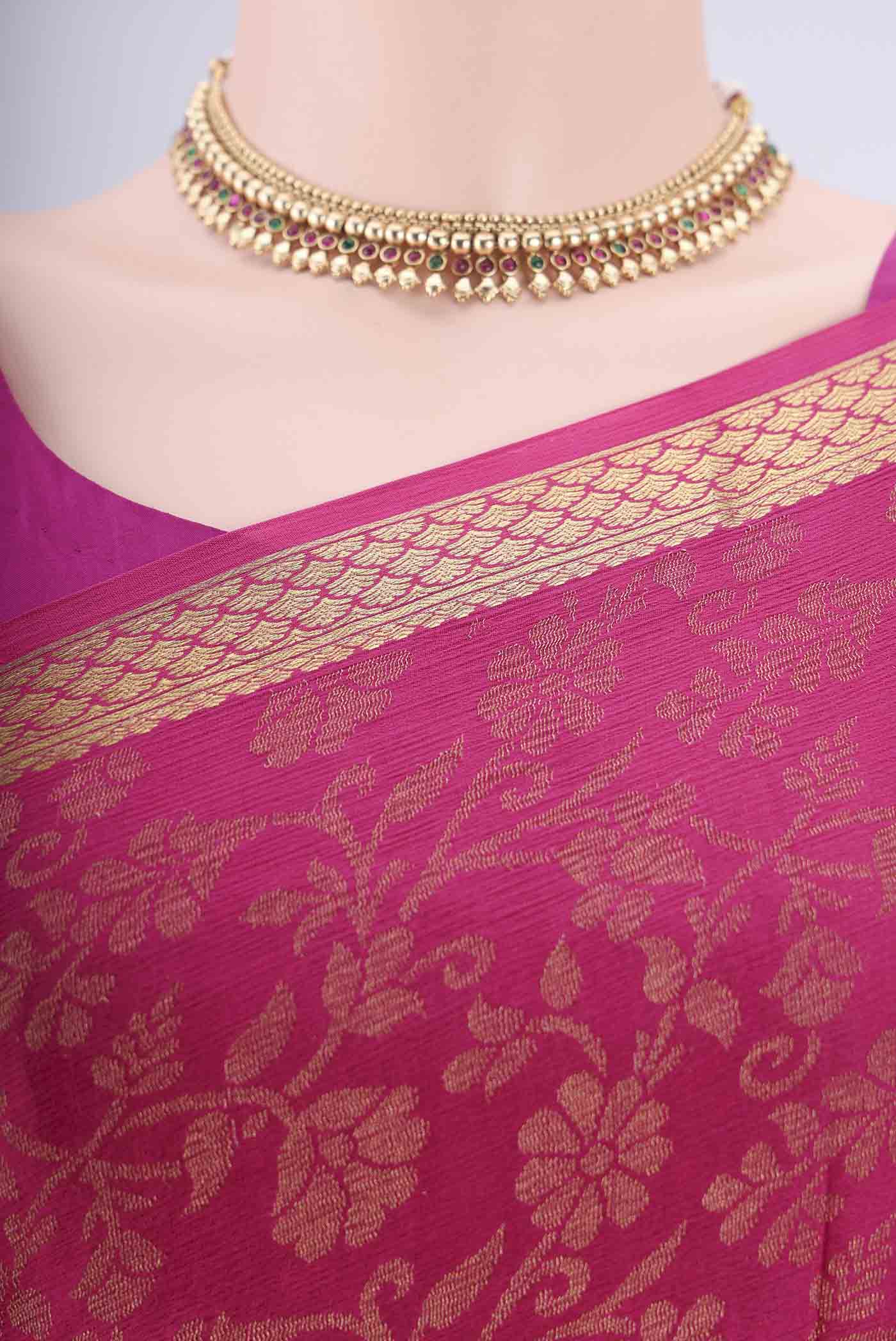 Border image of Rani Pink Mysore Georgette Saree with Zari Brocade on the body and Zari Border. 
