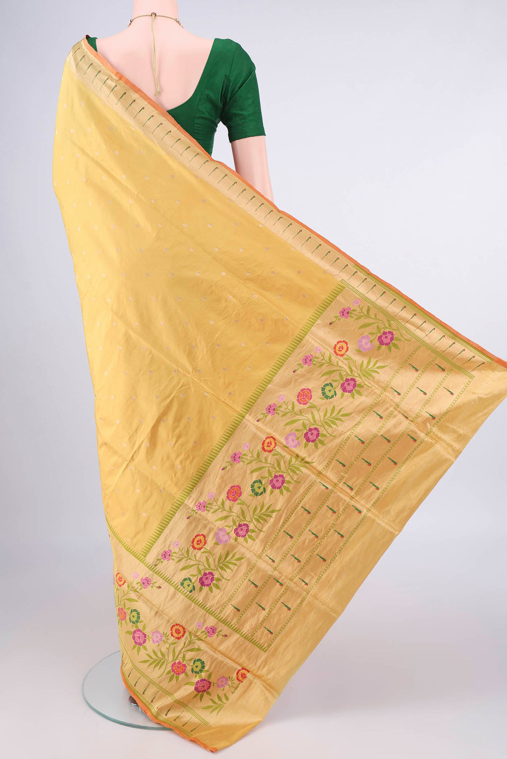 Flat view of Pure Silk Yellow Banarasi Saree with Zari Butta on the body and Zari Border. 