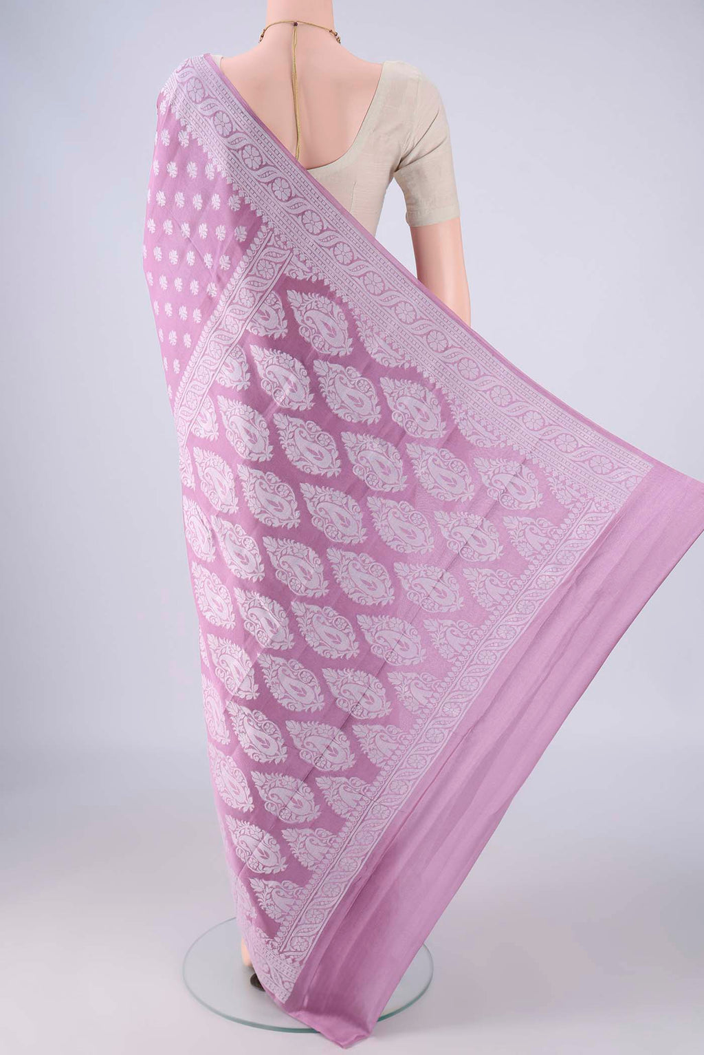 Flat view of Lavender Blended Banarasi Georgette Saree with Thread Butta on the body and Thread Border. 