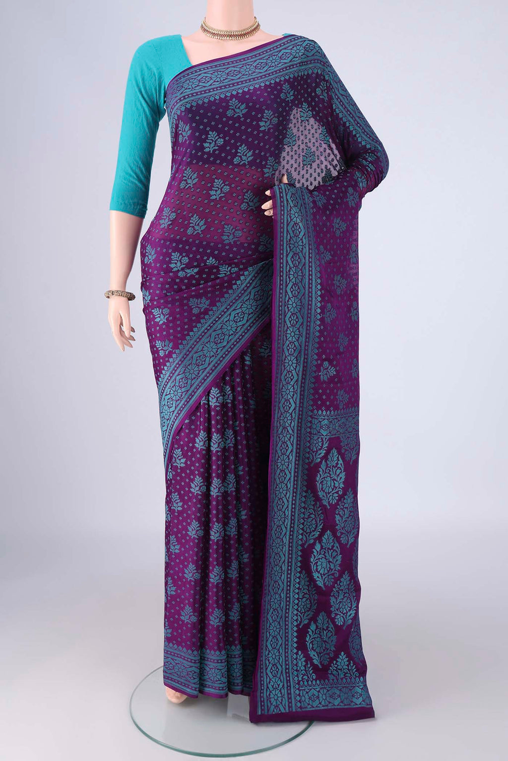 Purple Blended Banarasi Georgette Saree with Thread Brocade on the body and Thread Border.  displayed on a mannequin
