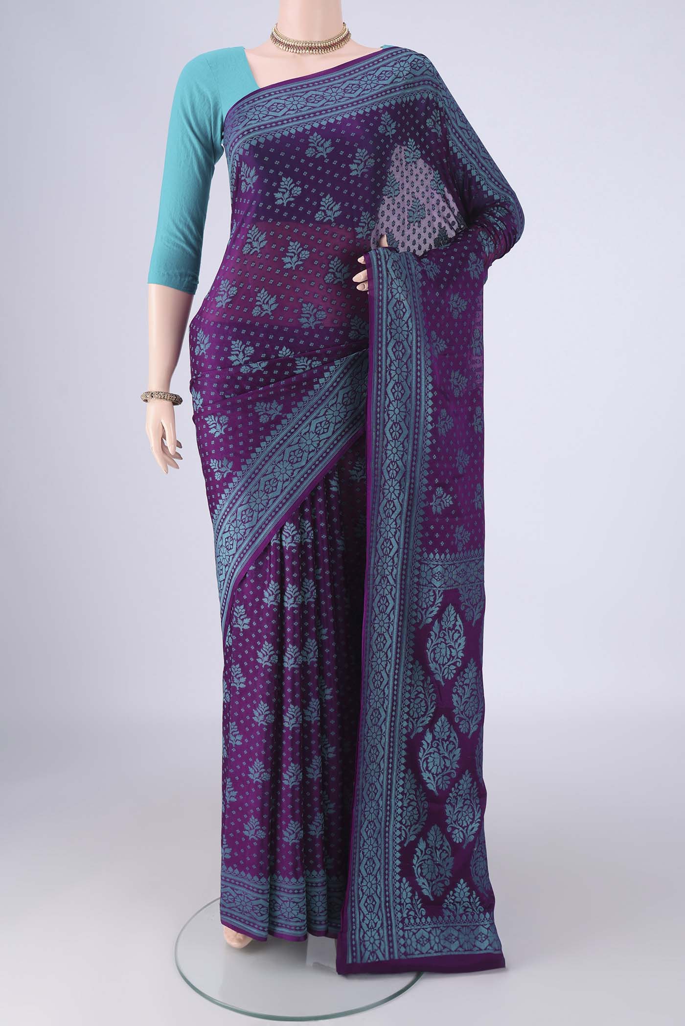 Purple Blended Banarasi Georgette Saree with Thread Brocade on the body and Thread Border.  displayed on a mannequin
