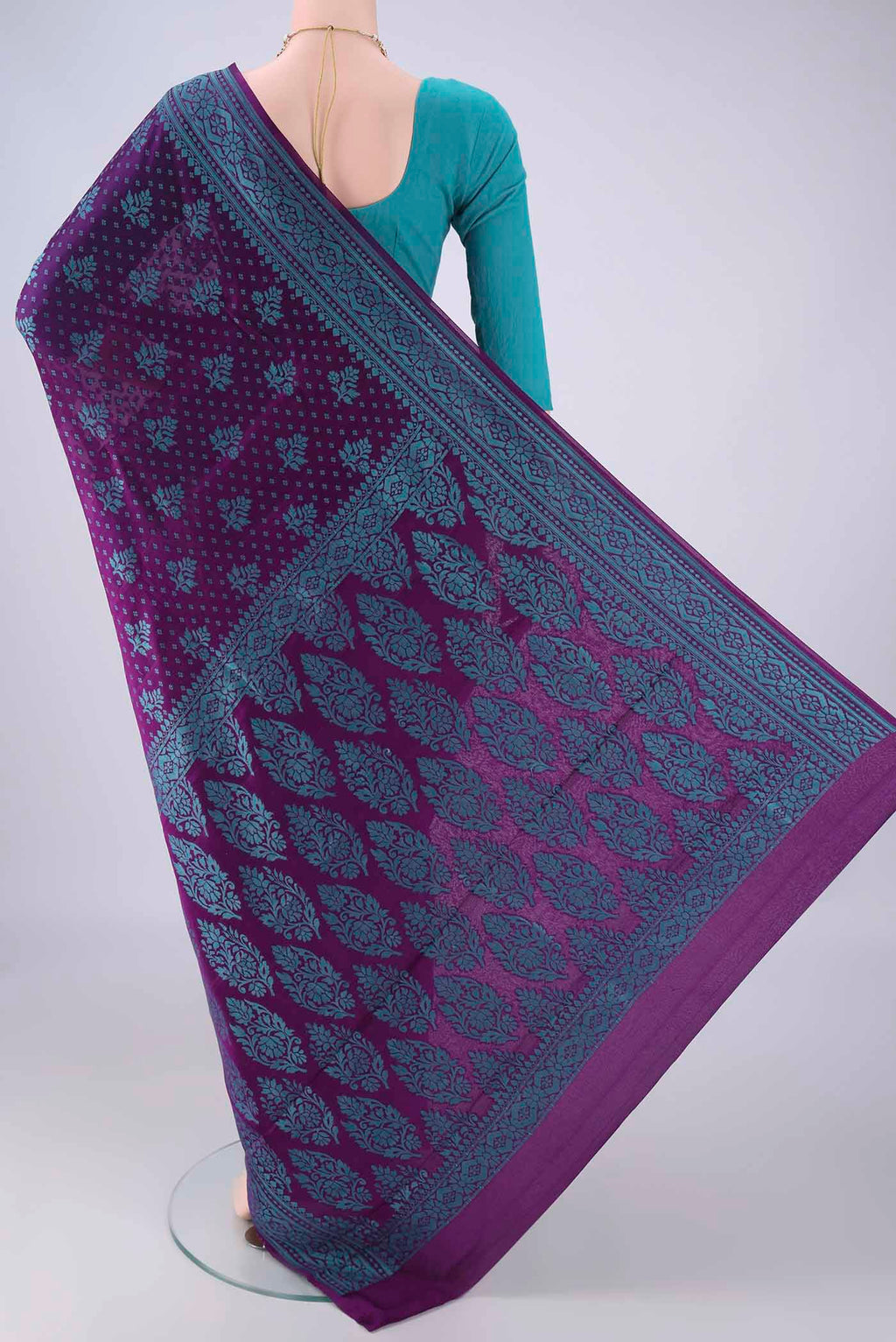 Flat view of Purple Blended Banarasi Georgette Saree with Thread Brocade on the body and Thread Border. 