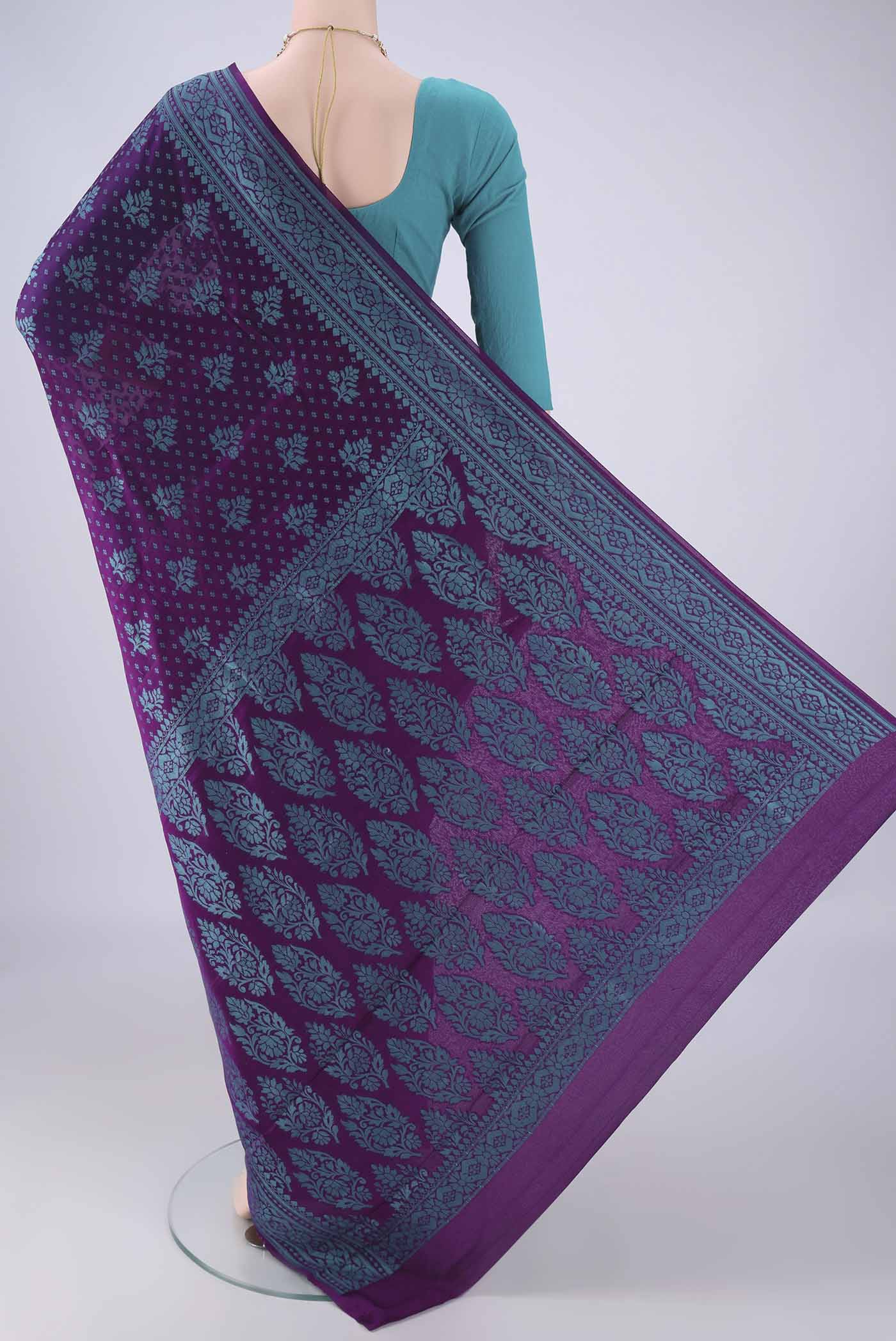 Flat view of Purple Blended Banarasi Georgette Saree with Thread Brocade on the body and Thread Border. 