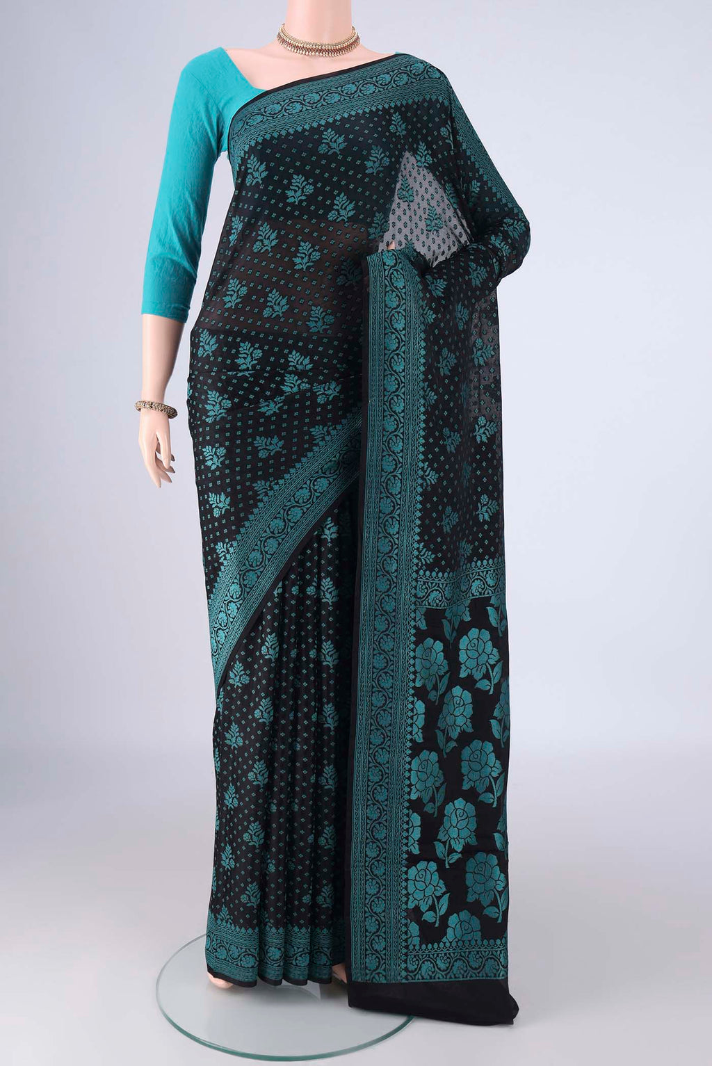 Black Blended Banarasi Georgette Saree with Thread Brocade on the body and Thread Border.  displayed on a mannequin