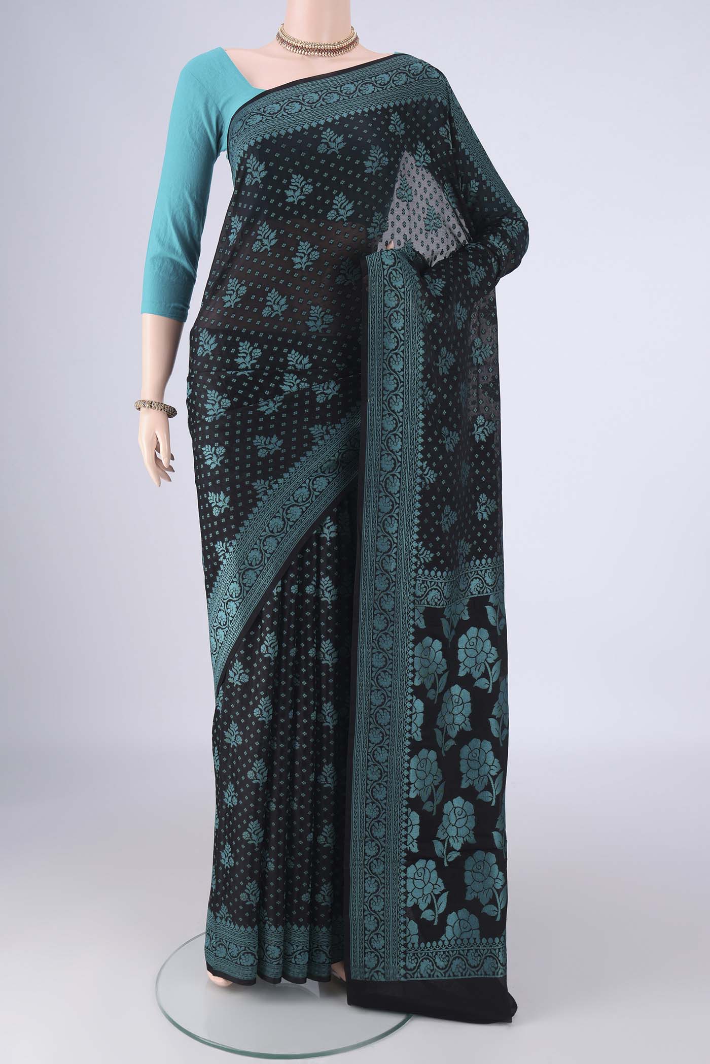 Black Blended Banarasi Georgette Saree with Thread Brocade on the body and Thread Border.  displayed on a mannequin