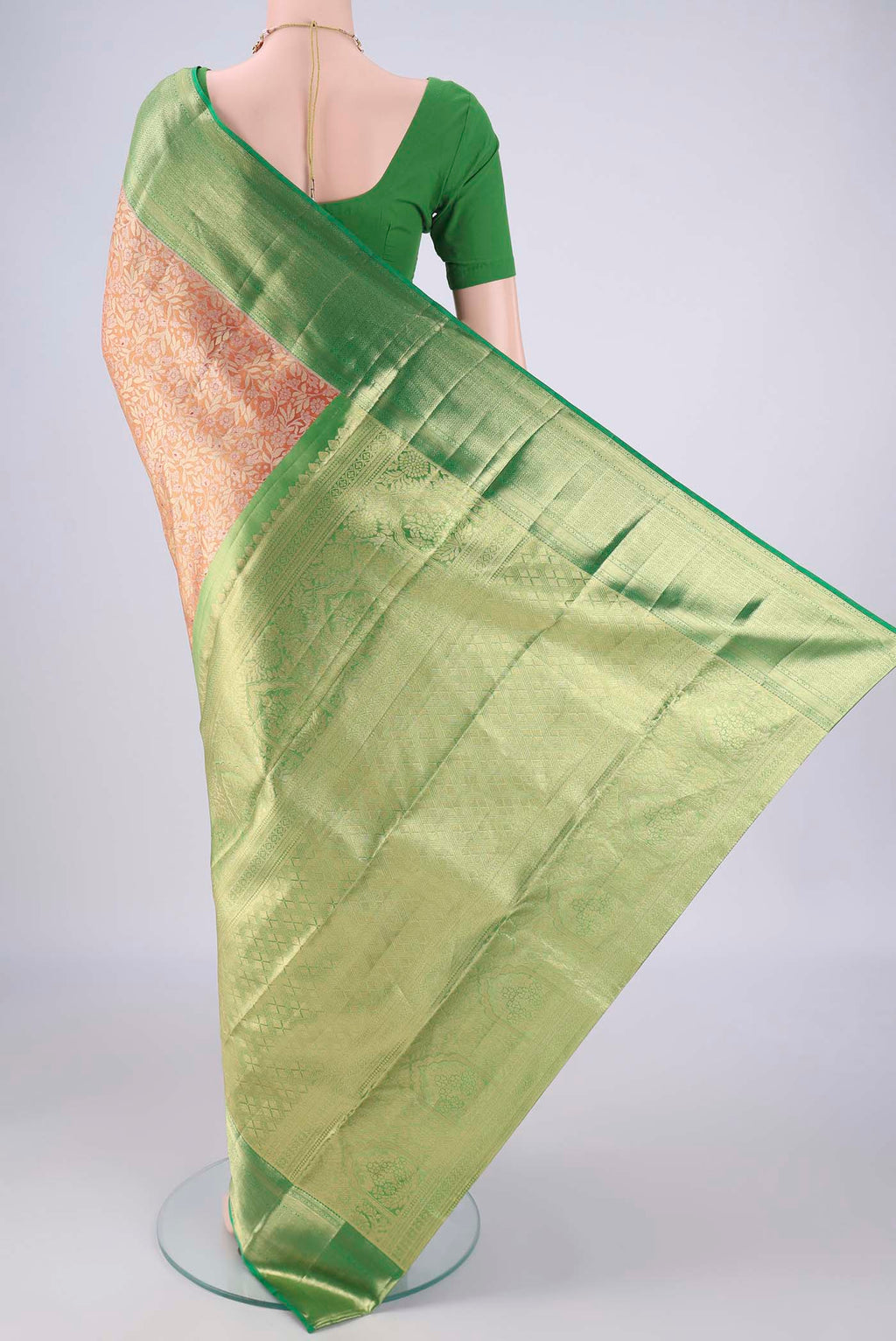 Flat view of Golden Dual Tone Kanchipuram Tissue Silk Saree with Zari Brocade on the body and Zari Border. 