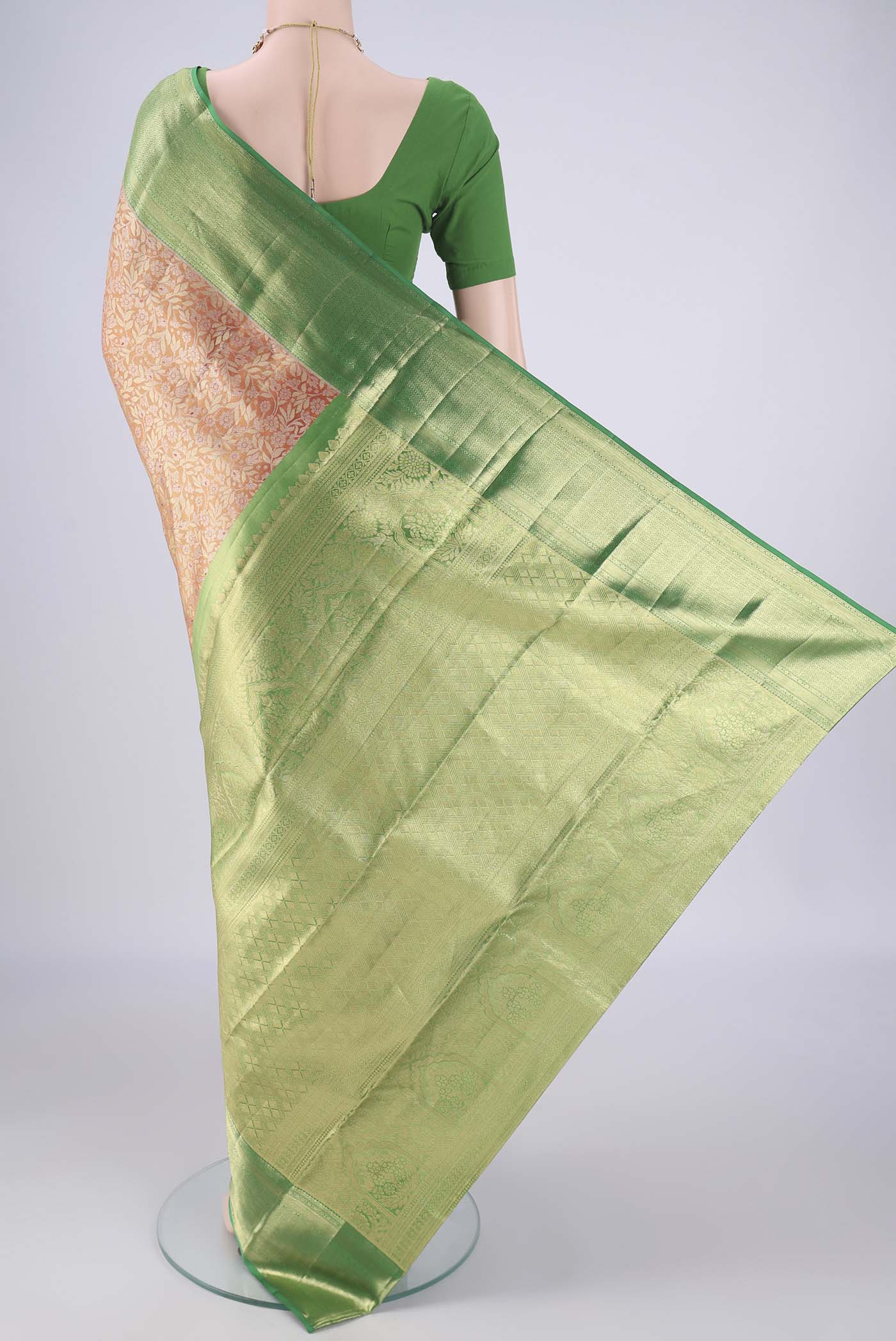 Flat view of Golden Dual Tone Kanchipuram Tissue Silk Saree with Zari Brocade on the body and Zari Border. 