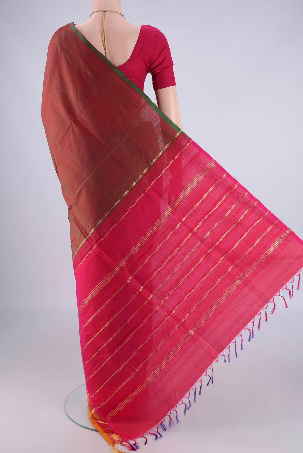 Flat view of Red with Green Color Kanjivaram Silk Saree with Zari Butta on the body and One Side Border. 