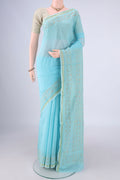 Sky Blue Chanderi Silk Cotton Saree with Plain Body and Fancy Border.  displayed on a mannequin