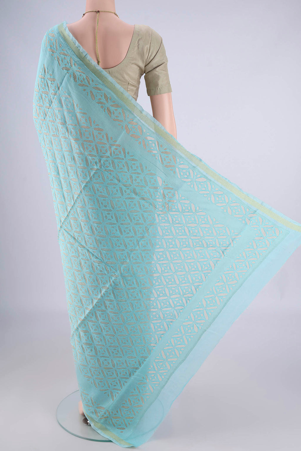 Flat view of Sky Blue Chanderi Silk Cotton Saree with Plain Body and Fancy Border. 