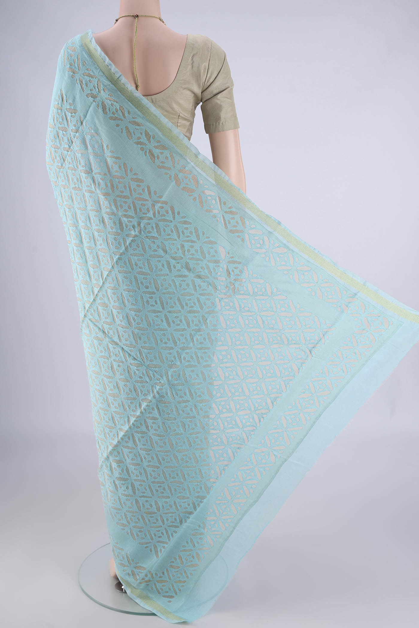 Flat view of Sky Blue Chanderi Silk Cotton Saree with Plain Body and Fancy Border. 