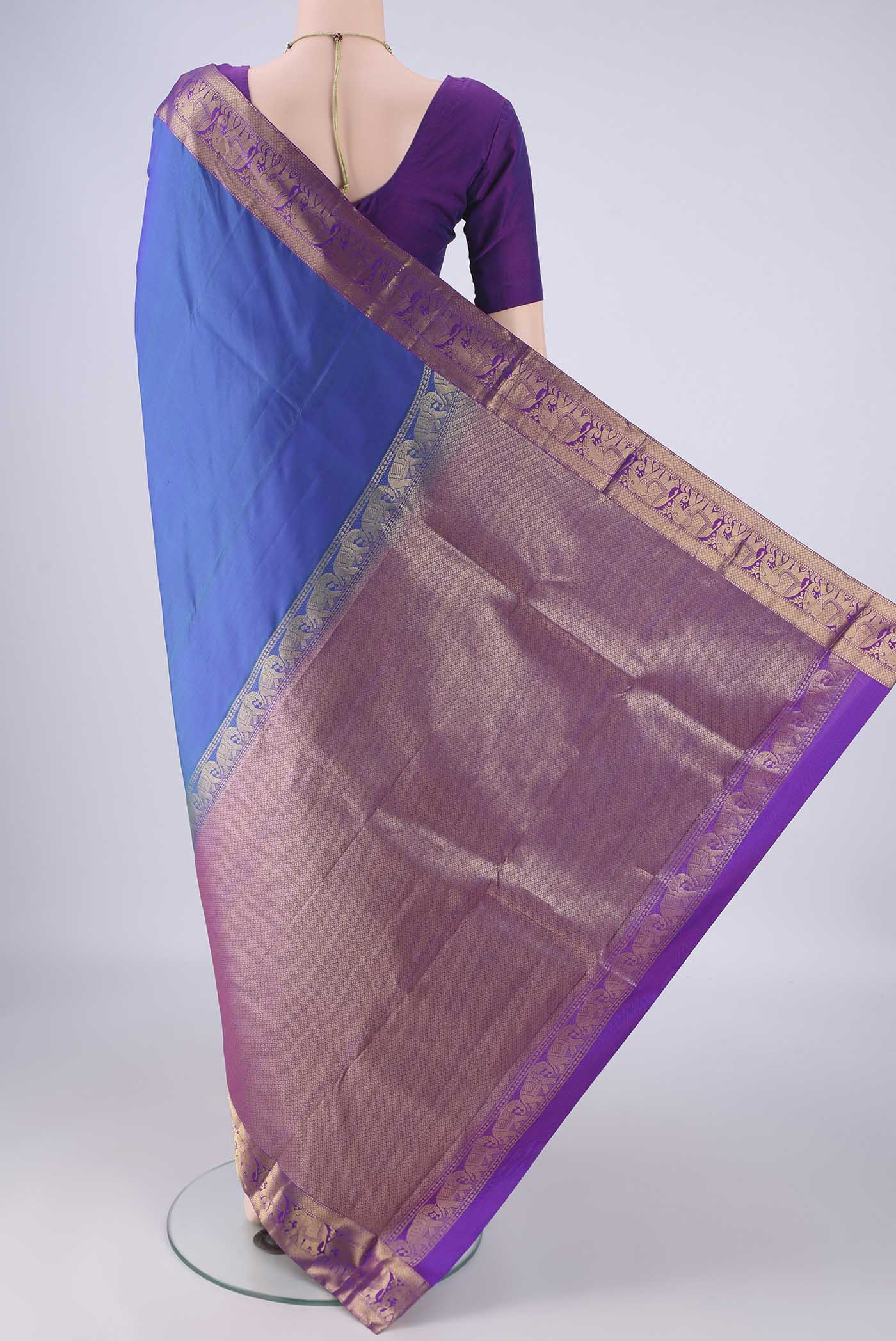 Flat view of Royal Blue Kanjivaram Silk Saree with Plain Body and Zari Border. 