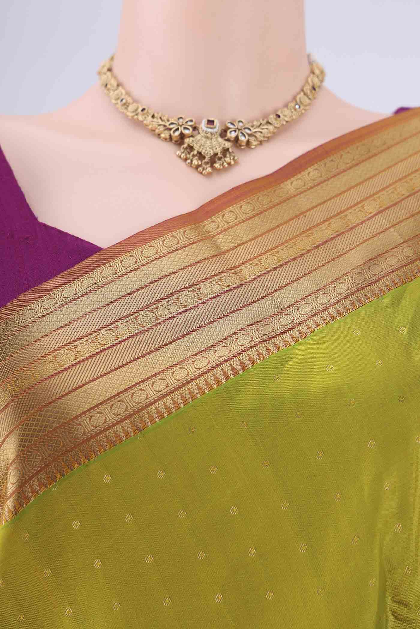 Border image of Light Green Kanchipuram Silk Saree with Zari Butta on the body and Zari Border. 