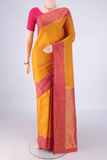 Yellow Kanchipuram Silk Saree with Zari Butta on the body and Plain Border.  displayed on a mannequin