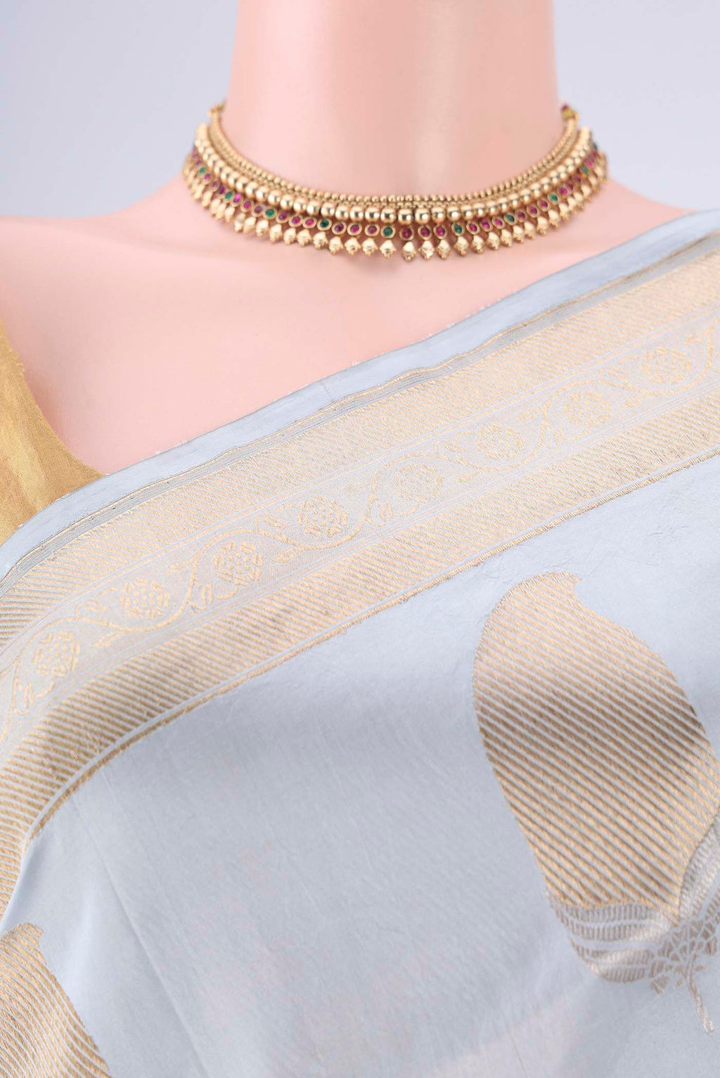Border image of Sky Blue Banarasi Silk Saree with Zari Butta on the body and Zari Border. 