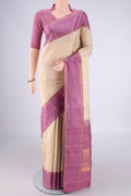 Cream Kanjivaram Silk Saree with Plain Body and Plain Border.  displayed on a mannequin