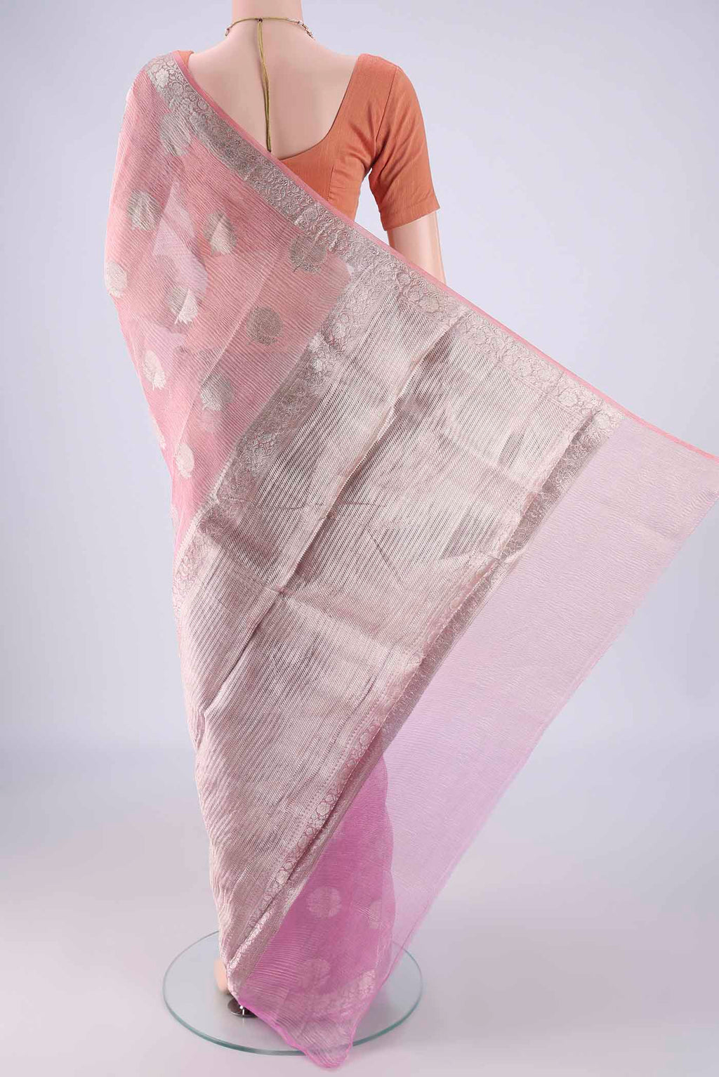 Flat view of Peach Dual Tone Organza Silk Saree with Half And Half on the body and Zari Border. 