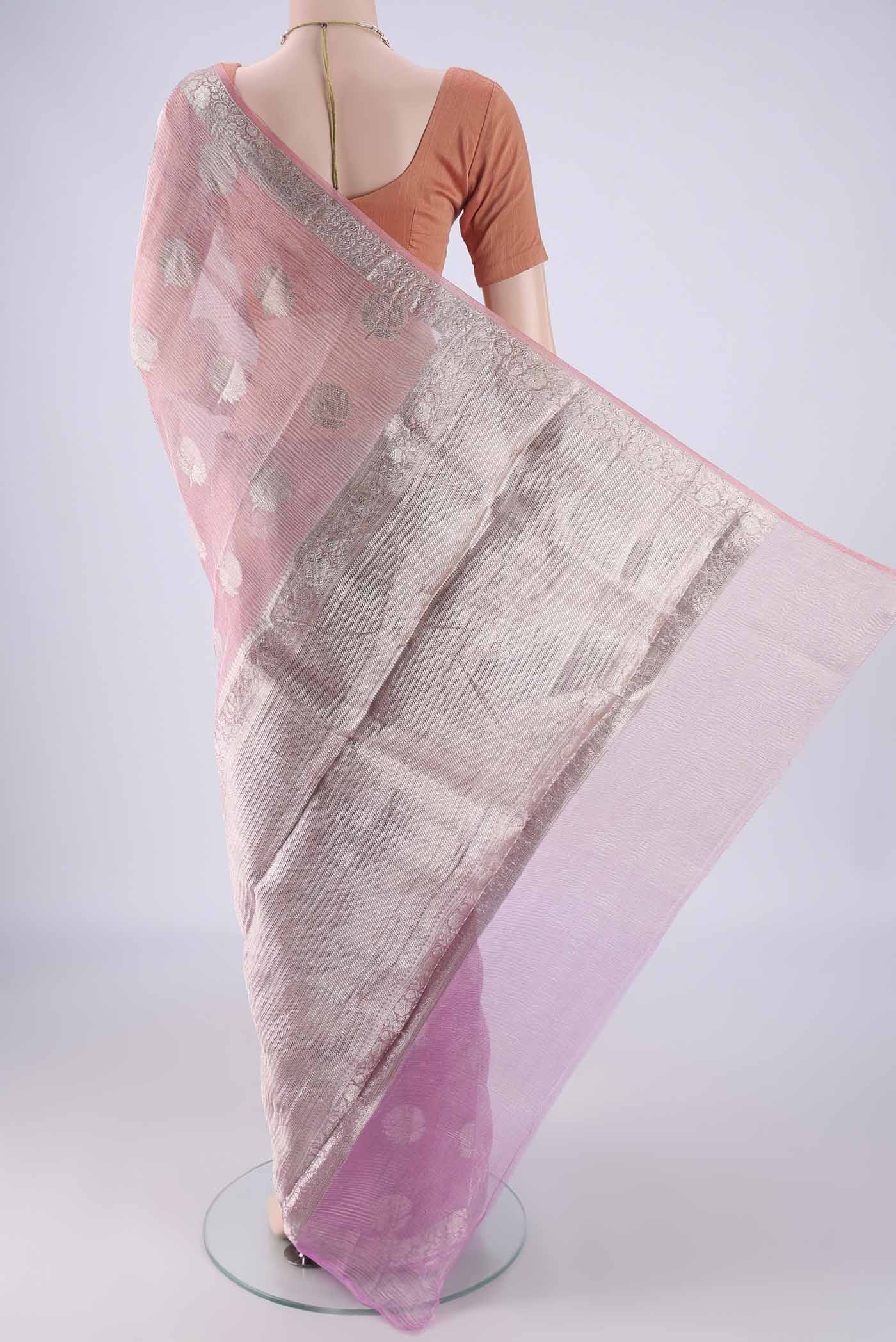 Flat view of Peach Dual Tone Organza Silk Saree with Half And Half on the body and Zari Border. 