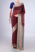 Brown Banarasi Tussar Silk Saree with Plain Body and Zari Border.  displayed on a mannequin