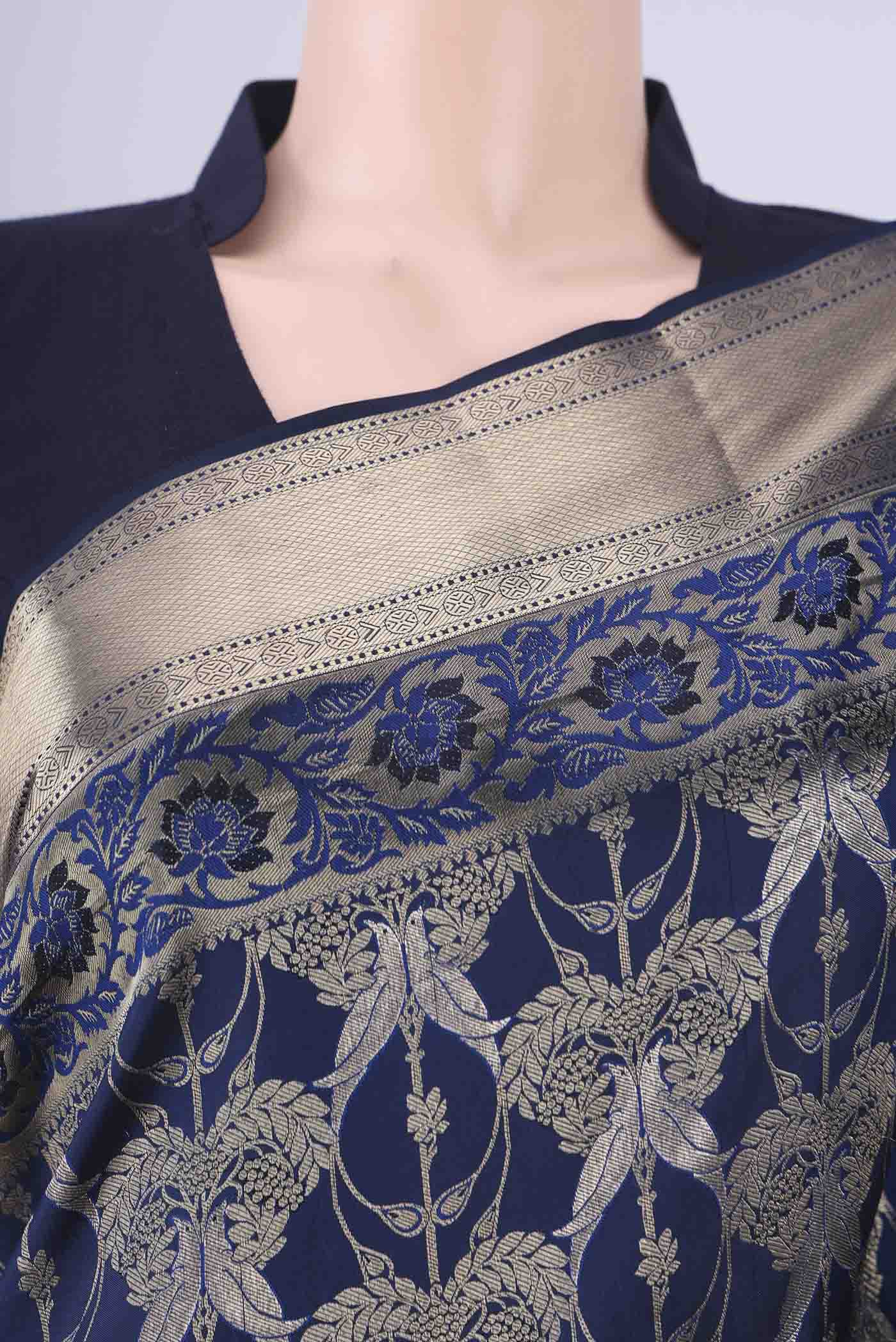 Border image of Navy Blue Soft Silk Saree with Zari Brocade on the body and Zari Border. 