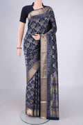Navy Blue Soft Silk Saree with Zari Brocade on the body and Zari Border.  displayed on a mannequin