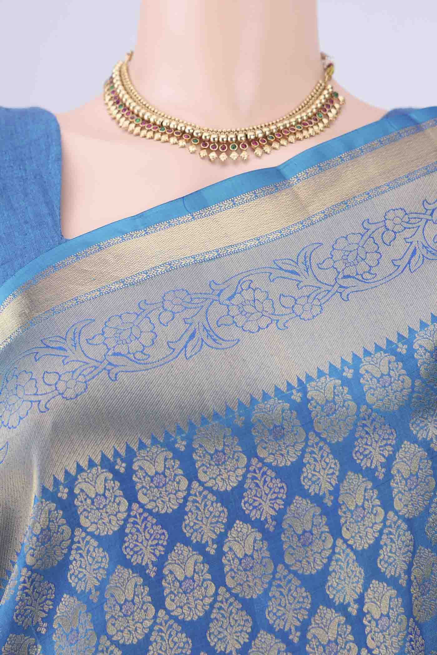 Border image of Blue Soft Silk Saree with Zari Brocade on the body and Zari Border. 