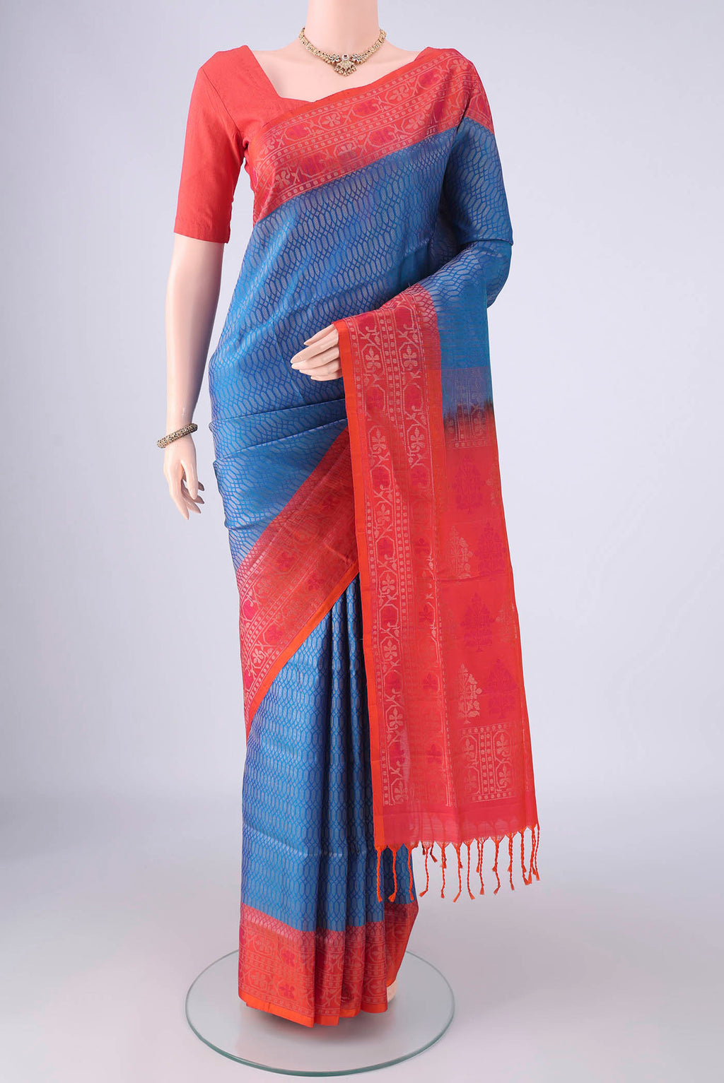 Blue Soft Silk Saree with Zari Brocade on the body and Zari Border.  displayed on a mannequin