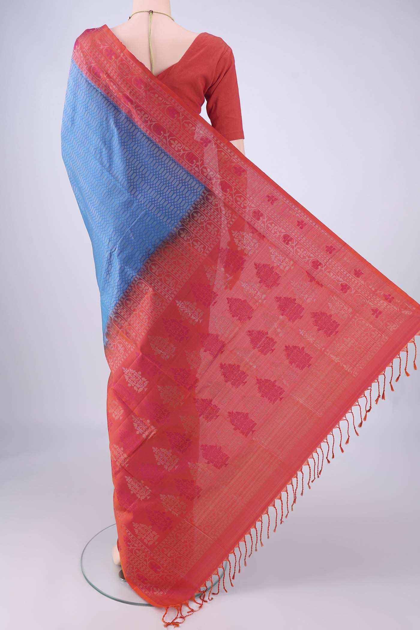 Flat view of Blue Soft Silk Saree with Zari Brocade on the body and Zari Border. 
