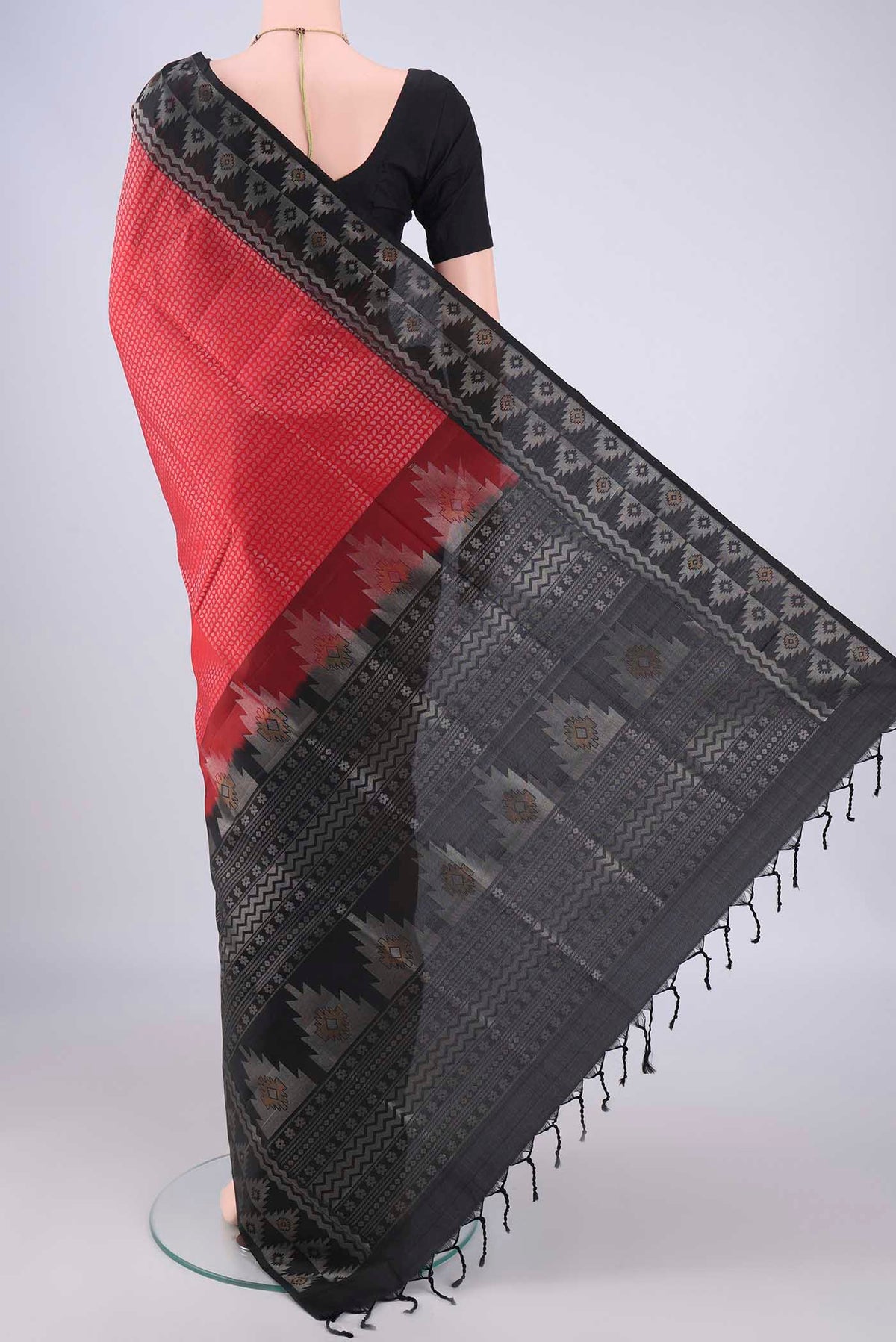 Flat view of Red Soft Silk Saree with Zari Brocade on the body and Zari Border. 