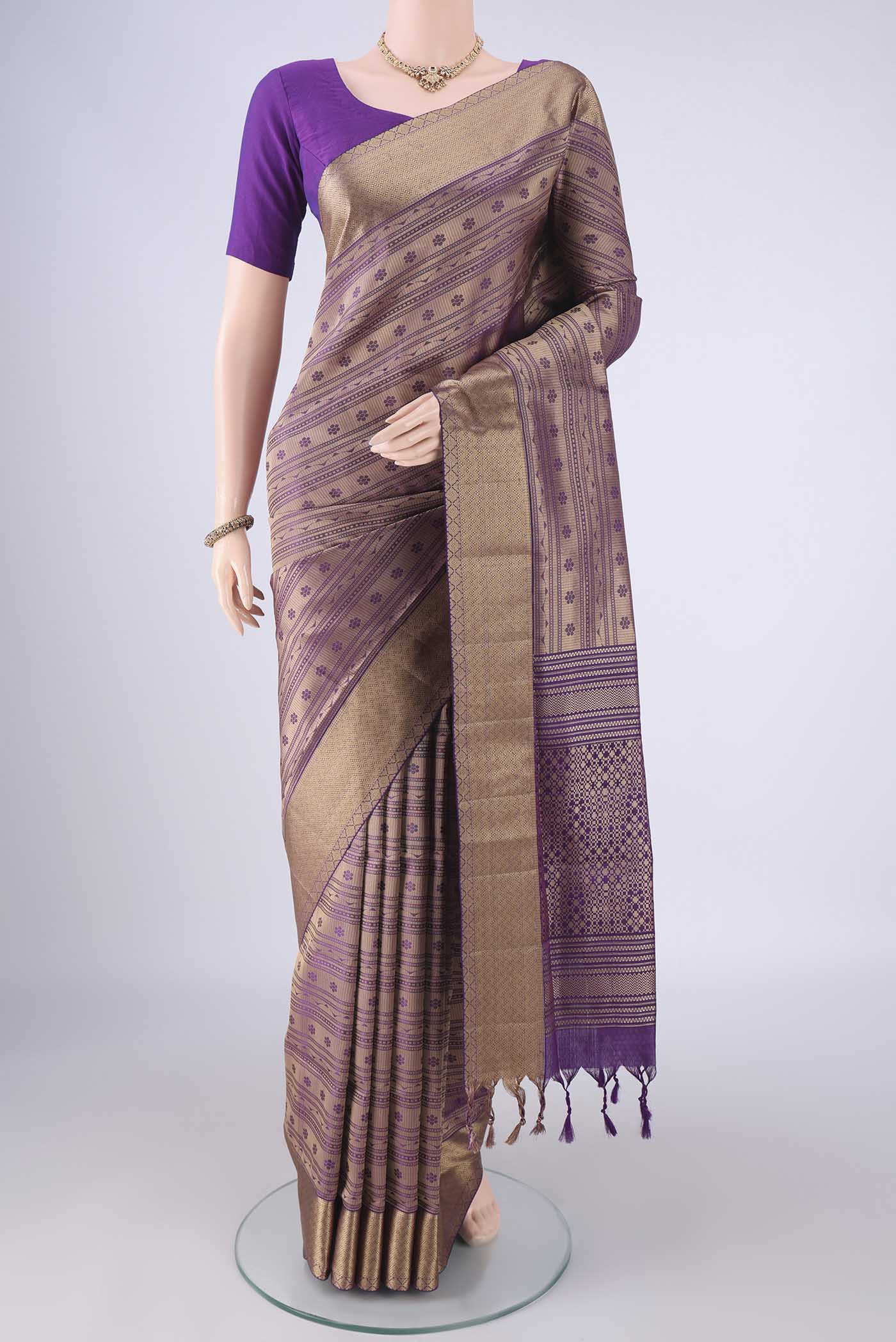 Purple Soft Silk Saree with Jacquard With Thread Butta on the body and Thread Border.  displayed on a mannequin