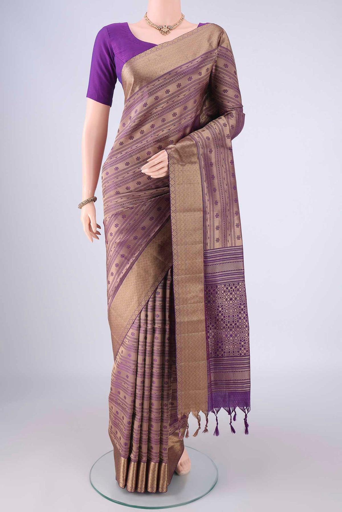 Purple Soft Silk Saree with Jacquard With Thread Butta on the body and Thread Border.  displayed on a mannequin