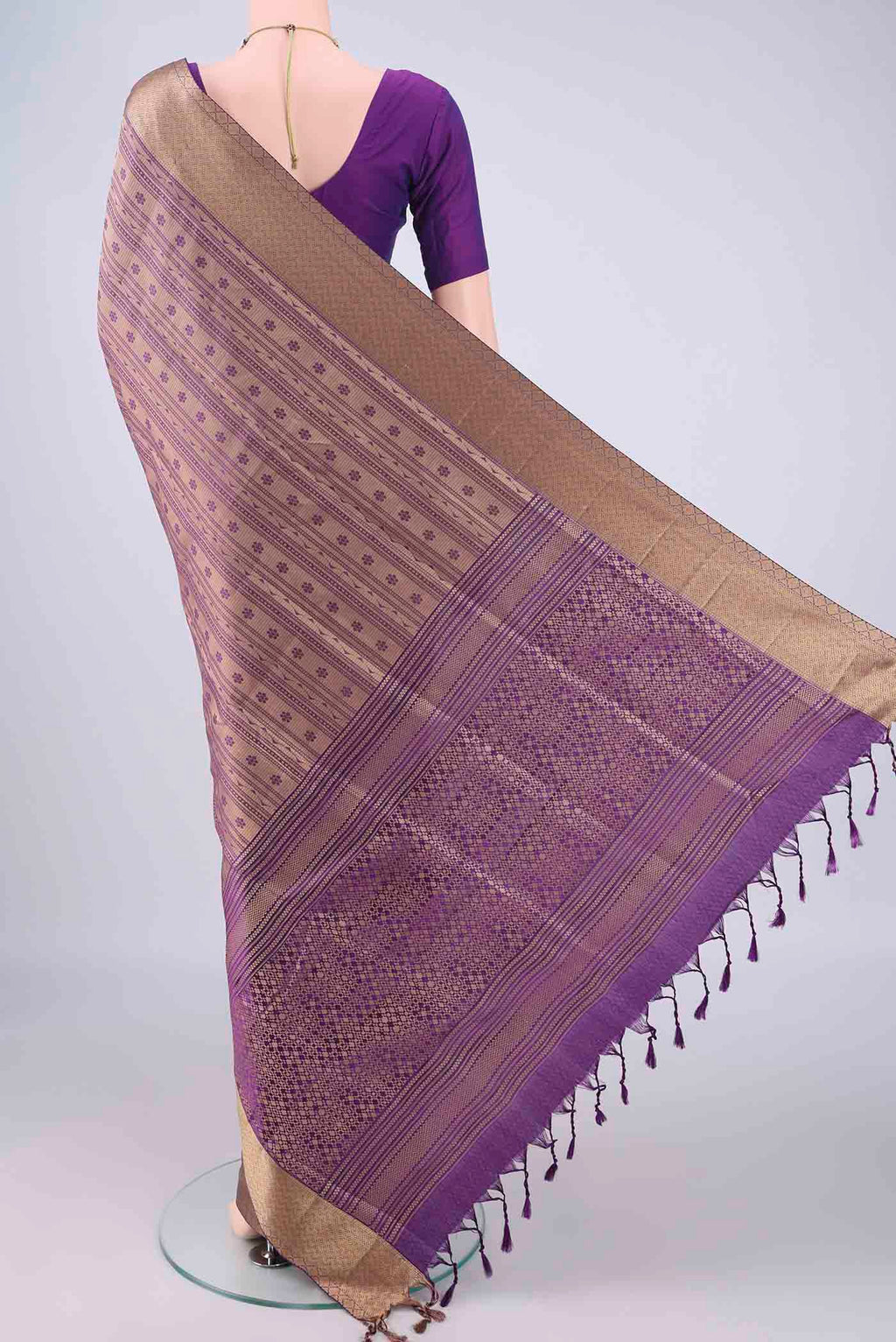 Flat view of Purple Soft Silk Saree with Jacquard With Thread Butta on the body and Thread Border. 