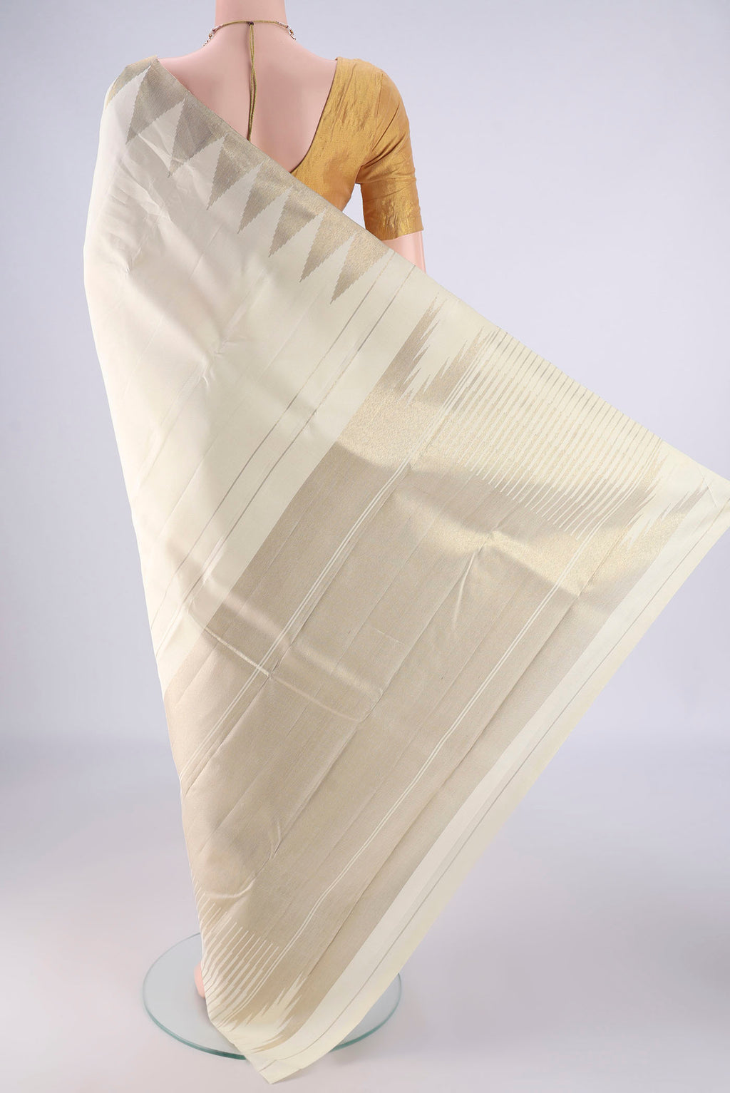 Flat view of Pure Silk Pure Zari Off White Kanchipuram Saree with Plain Body and Temple Border. 