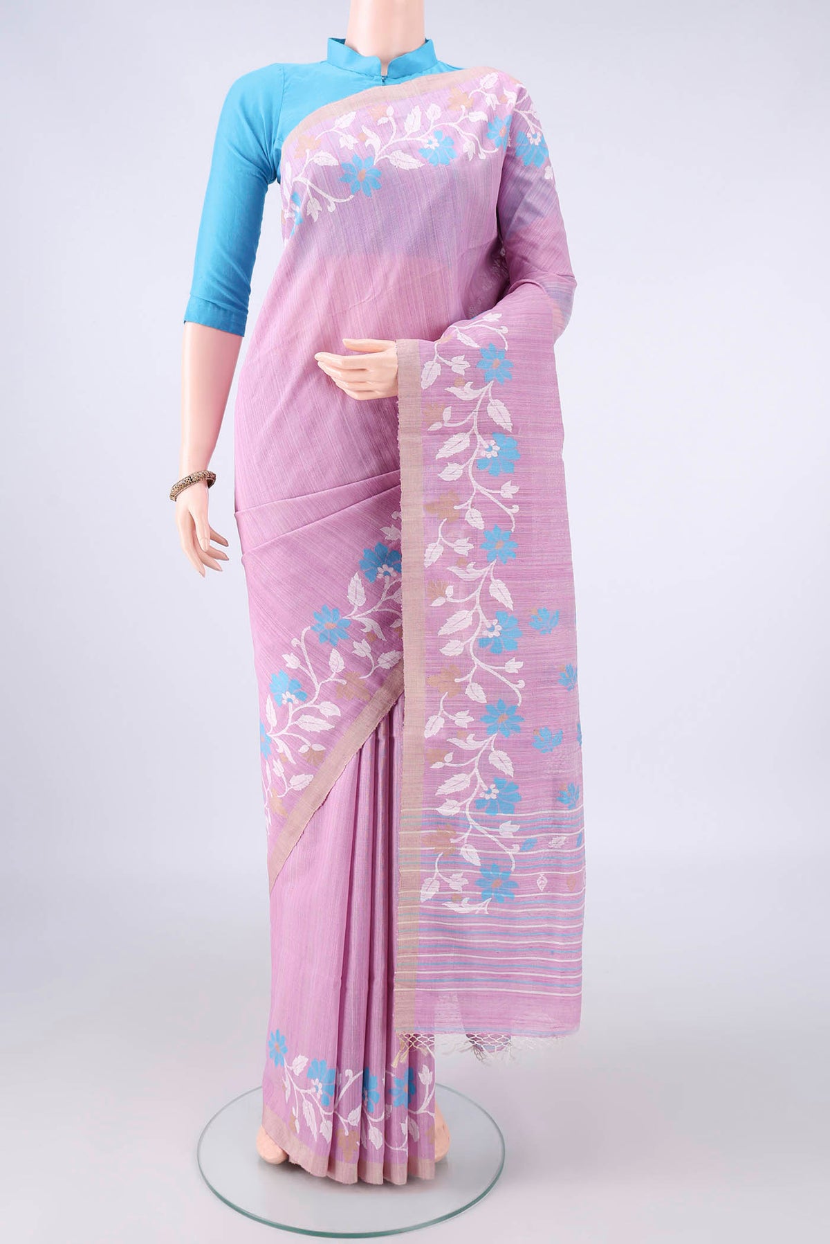 Pure Silk Rose pink Jute Saree with Jamdani on the body and Fancy Border.  displayed on a mannequin