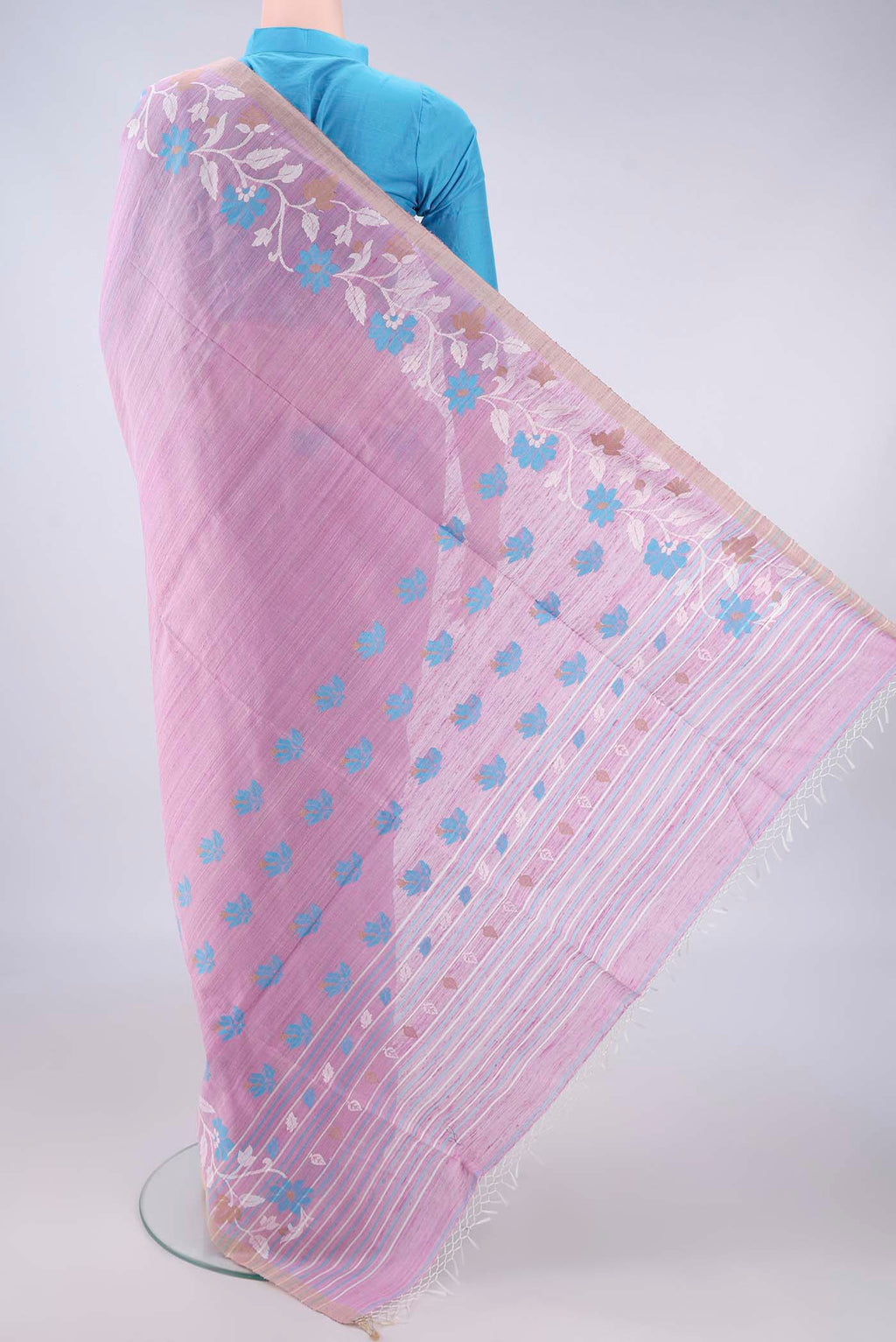 Flat view of Pure Silk Rose pink Jute Saree with Jamdani on the body and Fancy Border. 