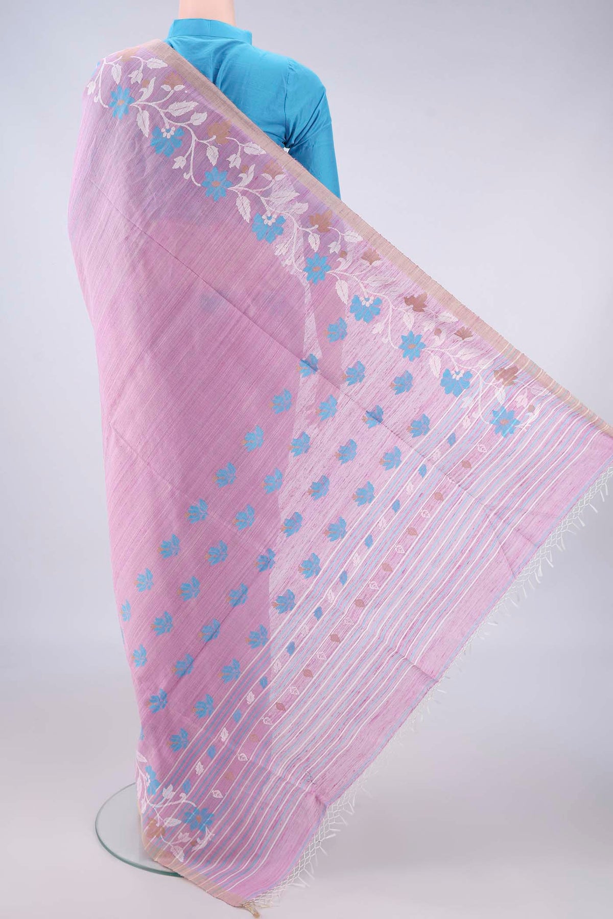 Flat view of Pure Silk Rose pink Jute Saree with Jamdani on the body and Fancy Border. 