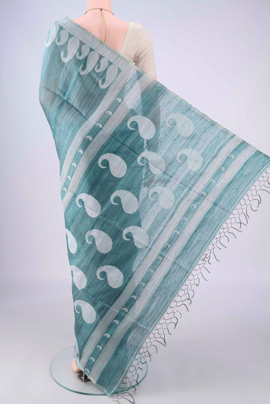 Flat view of Maya Blue Jute Silk Saree with Plain Body and Thread Border. 