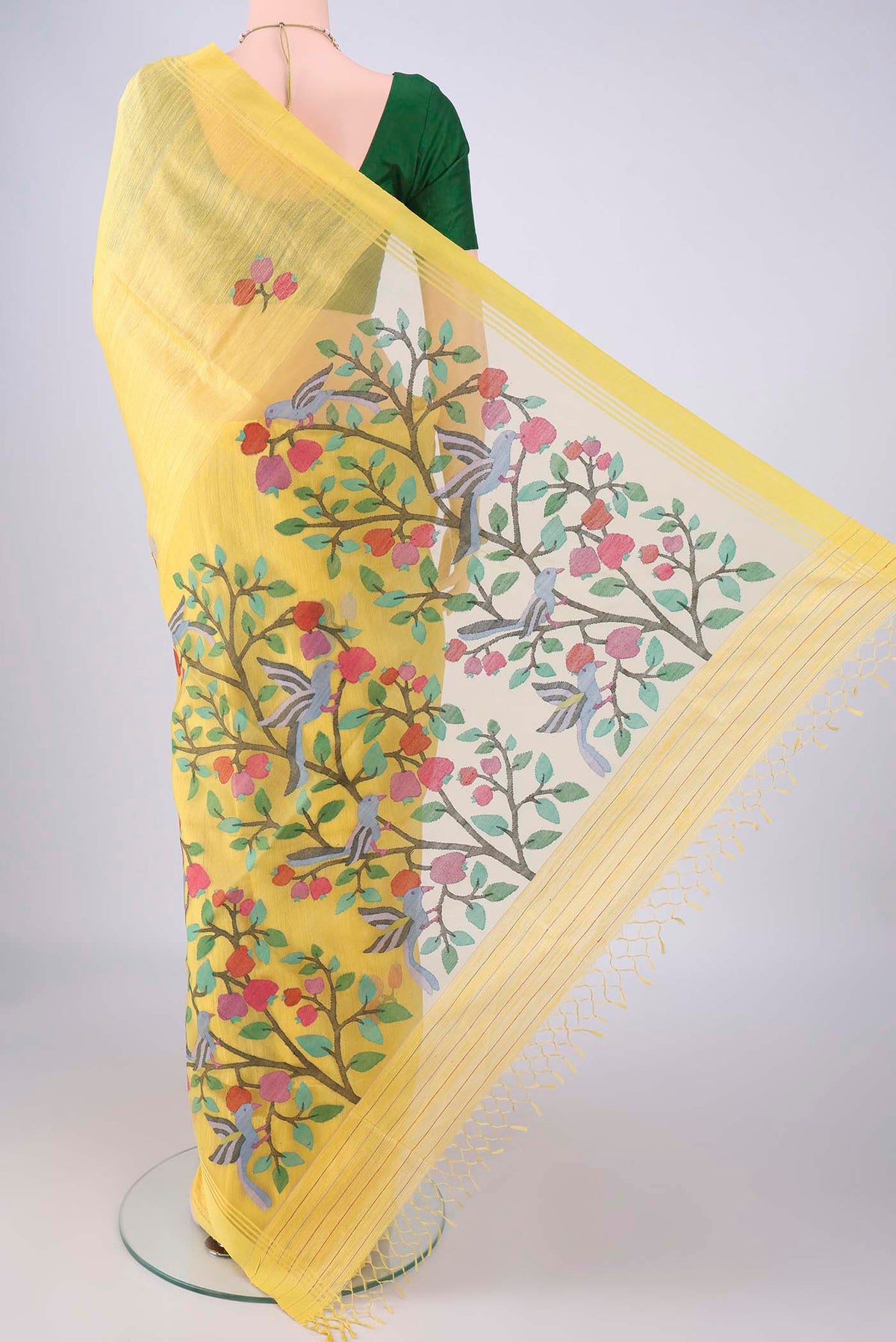 Flat view of Lemon Yellow Jute Silk Saree with Thread Butta on the body and Plain Border. 