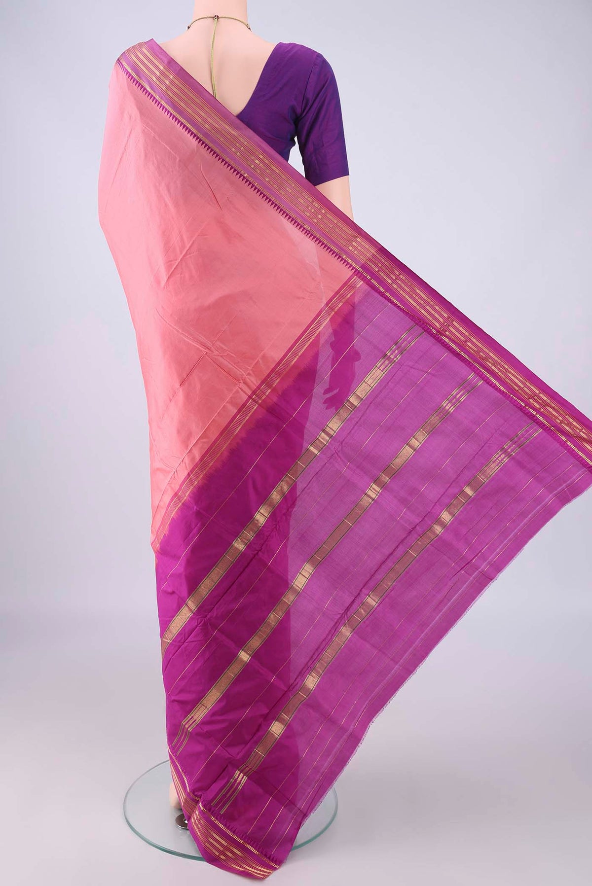 Flat view of Peach Narayanpet Silk Saree with Plain Body and Zari Border. 
